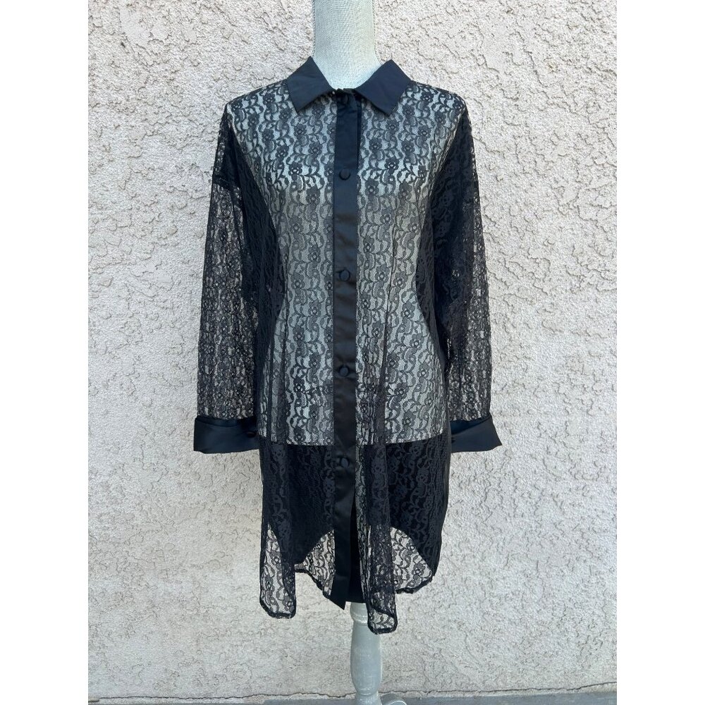 VTG Victorias Secret Gold Label Black Lace Button Down Sleep Shirt Nightgown M/L